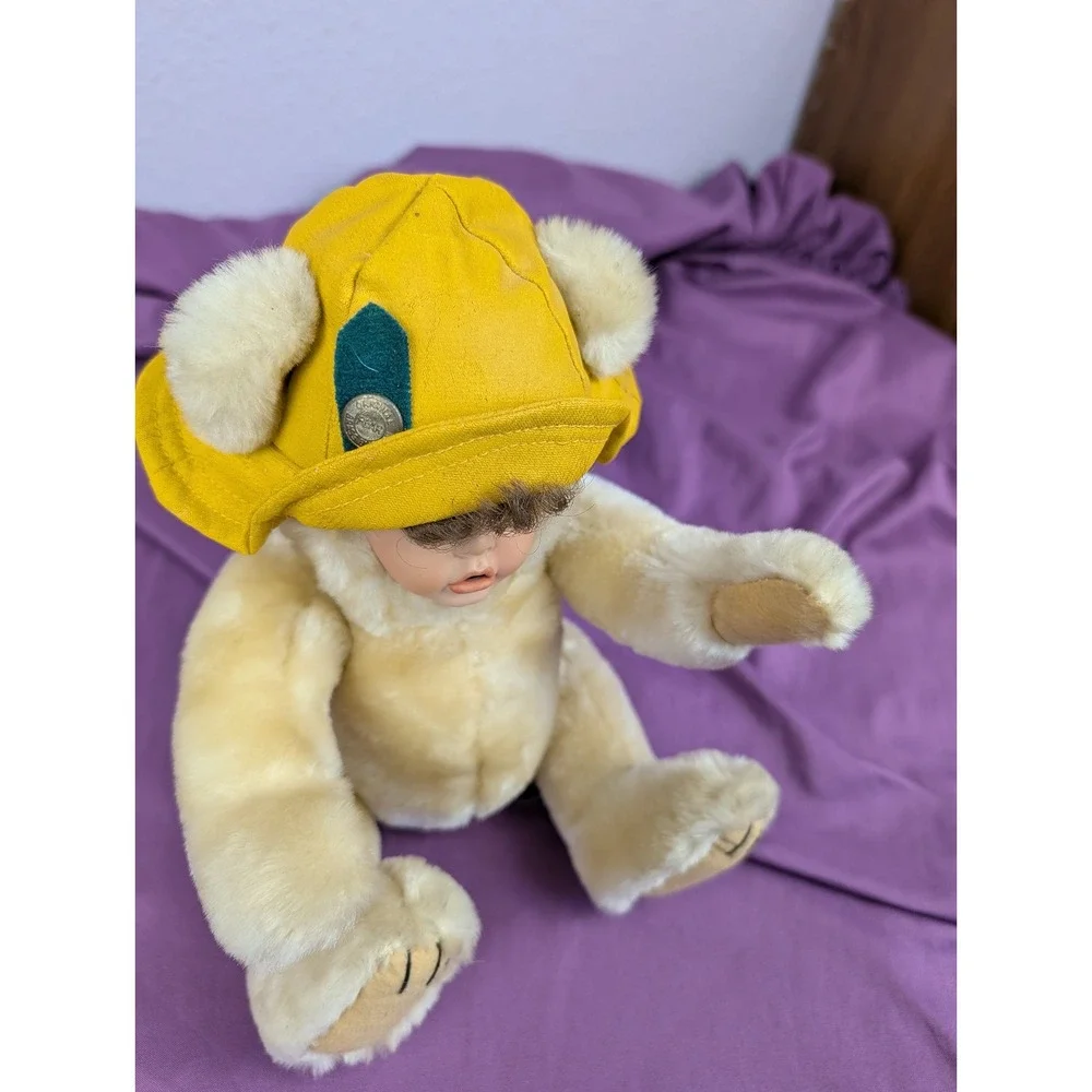VTG 90s Plush Porcelain Human Faced Teddy Bear Hair Eyelashes Brass Button Hat